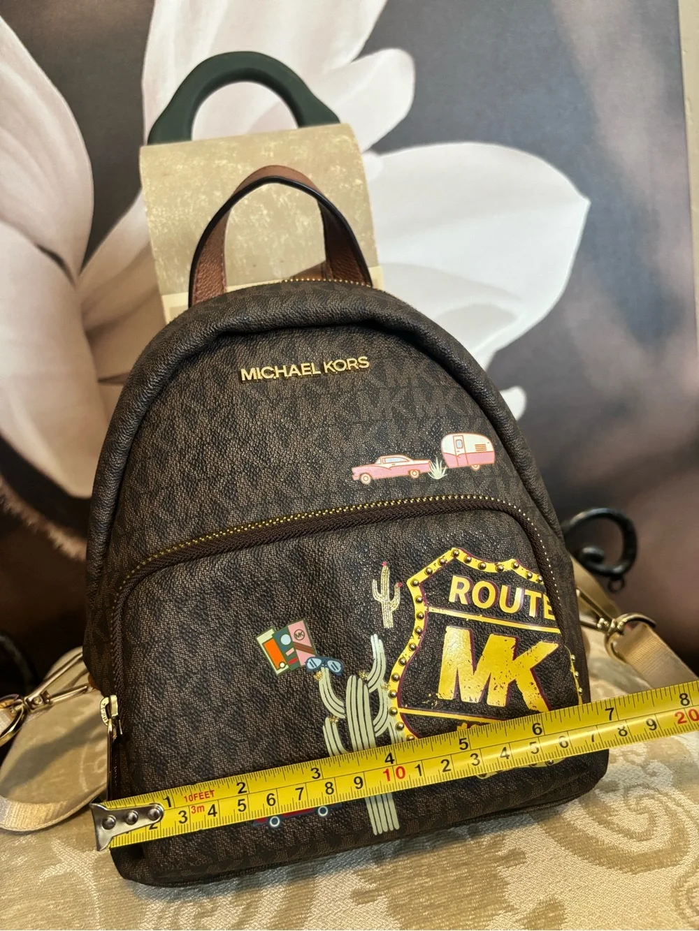 Michael Kors Brown Logo Print 'Route MK 1981' Mini Backpack